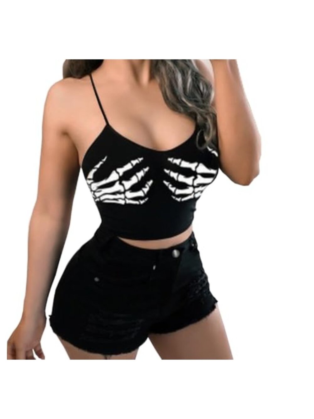 Skeleton Skull Print Crop Top Halter Backless Tank Camisole